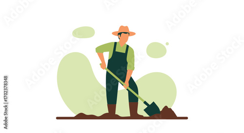 Illustrative Farmer Working With Shovel On Soil, Agriculture And Cultivation Concept