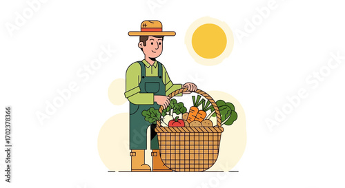 Illustrative Farmer Holding Harvest Basket Under The Bright Sun, Vector Graphic