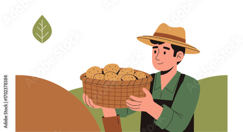 Farmer Harvesting Fresh Potatoes: A Bountiful Basket Illustrates Agrarian Life