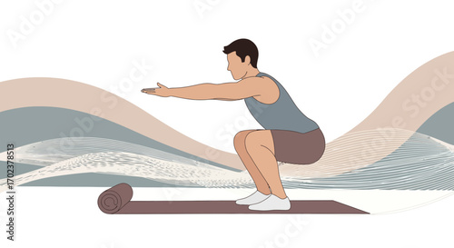 Illustrative Representation Of Exercise: Performing Squats And Yoga Mat For Fitness And Training