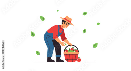Farmer Harvesting Ripe Fruits, Illustration of Agriculture and Nature in Action