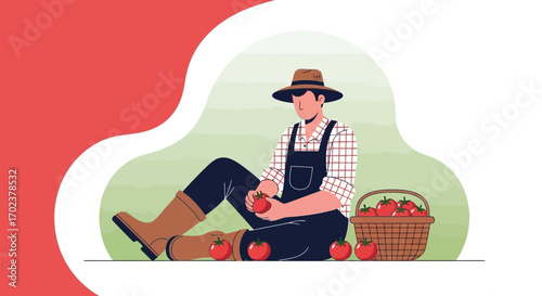 Farmer Harvesting Juicy Tomatoes, Fresh Produce, Vegetable Gathering, Agricultural Work.