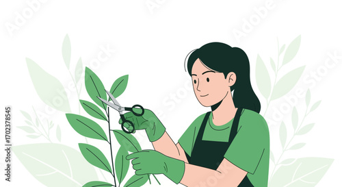 Illustrative Scene Of A Woman Pruning Plants With Gardening Gloves And Scissors
