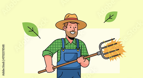 Farmer Holding Pitchfork With Hay And Leaves In A Vibrant Illustrated Design
