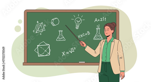 Illustrative Teacher Explaining Scientific Concepts On The Chalkboard During a Lesson or Class