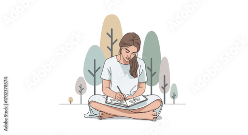Illustrative Woman Composing Thoughts With Pen And Paper Amidst Nature Scenery