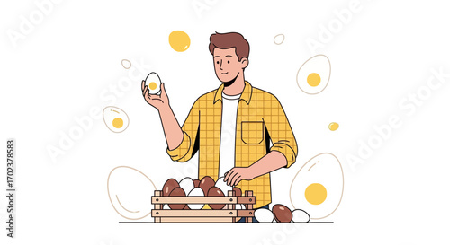 Farmer Inspecting Egg Freshness From Carton Representing Organic Food Product