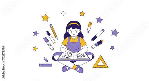 Illustrative Young Learner Sketching And Drawing While Surrounded By Art Supplies