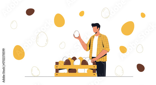 Farmer Inspecting Freshly Collected Eggs From The Wooden Crate In Agriculture