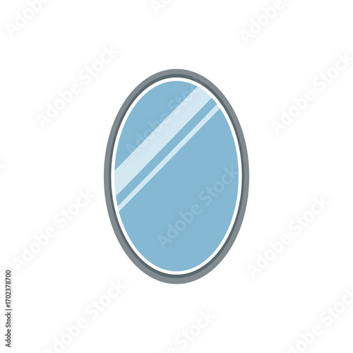 Simple oval mirror with reflective glass and gray frame. Minimal household object illustration perfect for interior design, furniture catalogs, home decor, and modern graphic projects.