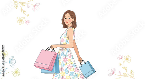 Fashionable Woman With Shopping Bags and Floral Patterned Dress, Happy and Stylish