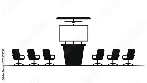 Business hotel conference hall with podium, projection screen and microphones for corporate meetings, seminars, workshops, training and conferencing, modern AV, seating, stage and flexible event space