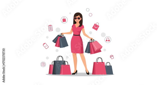 Fashionable Woman Enjoying Shopping Spree, Carrying Numerous Bags Brimming With Purchases