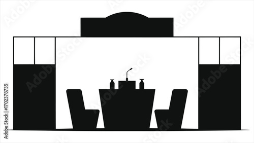 Business hotel icon with meeting or interview room setup. Corporate conference table silhouette for negotiations and discussions. Vector graphic for hospitality and travel services, isolated on white.