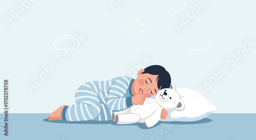 Dreaming Child Asleep With Teddy Bear, Resting Peacefully On a Cozy Bed, Cloud Backdrop