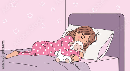 Dreaming Girl Cuddles Stuffed Lamb Before Sleep in Her Bedroom Cartoon Illustration