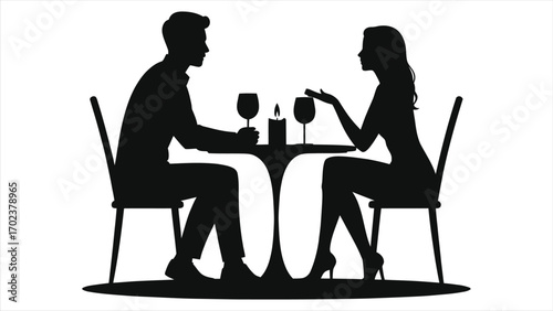 Romantic candlelit dinner silhouette of a couple at a cozy restaurant table with wine glasses and candlelight, intimate date night conversation, love, romance and elegant black and white vector scene.