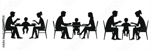 Silhouette of family eating together at dining table, parents with children sharing meal, family dinner illustration symbolizing love, parenting, togetherness, lifestyle, home dining, parenting..