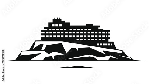 Silhouette illustration of floating iceberg hotel in Arctic theme, unique ice resort architecture concept, frozen landscape accommodation, polar luxury tourism, winter travel lodge and extreme