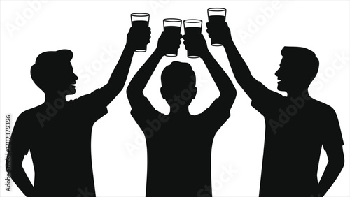 Silhouette of group of friends raising glasses in a toast, celebration and party illustration, people cheering together with drinks, social gathering, friendship, camaraderie, nightlife and leisure 