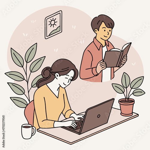 Illustration depicting a woman working on a laptop while a man reads a book, promoting work-life balance and knowledge acquisition