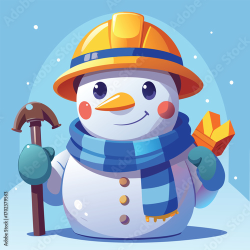 Cute cartoon snowman wearing hard hat and scarf holding tools