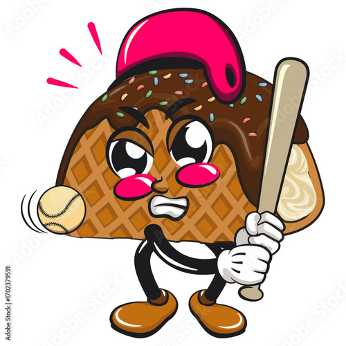 cute choco taco ice cream mascot character vector illustration playing baseball ready to hit the ball with the bat, work of hand drawn