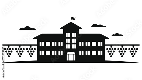 Silhouette of elegant hotel surrounded by vineyard with grapevines, winery resort illustration for wine tourism, countryside hospitality, rural accommodation, vineyard travel, vacation and luxury 