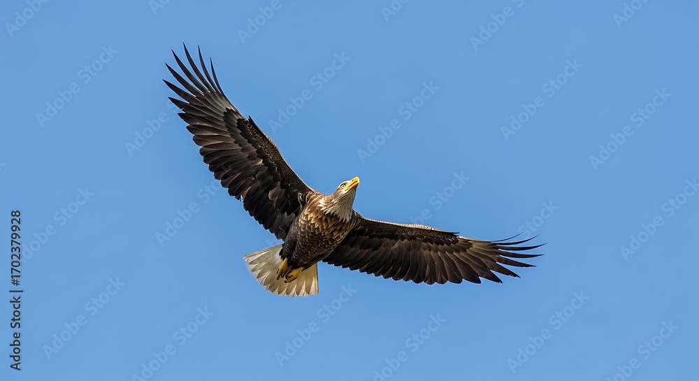 Obraz premium Majestic eagle soaring through the clear blue sky with outstretched wings.