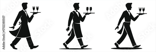 Professional waiter carrying tray with two champagne glasses in elegant silhouette walking server icon for hospitality industry, restaurant & bar service, beverage presentation, catering & events