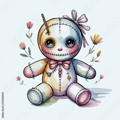 Colorful voodoo doll sitting among flowers on soft background  