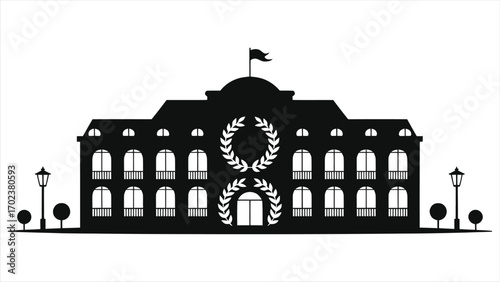 Silhouette of luxury wedding hotel with floral decorations and flag, elegant architecture for marriage ceremony and reception venue, romantic celebration building, hospitality and event planning