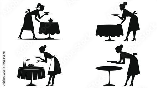Silhouette of waitress serving food and drinks at restaurant table, professional hospitality service illustration, woman server carrying plates, catering staff, dining experience, restaurant worker 