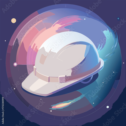 White hard hat protected inside a colorful cosmic bubble