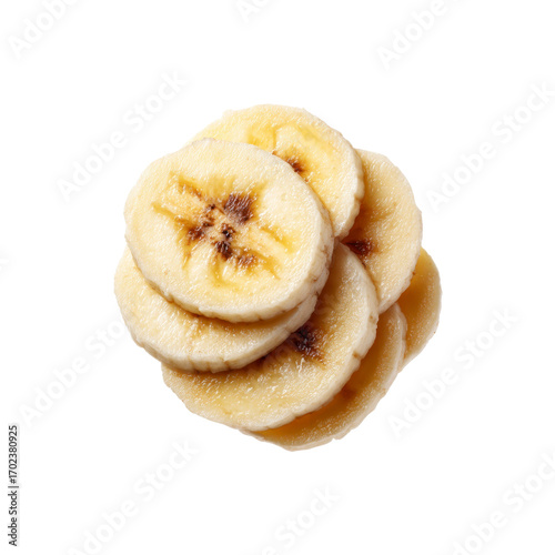 Sliced Bananas Close-up of Freshly Sliced Banana Rounds, Isolated on Black Background