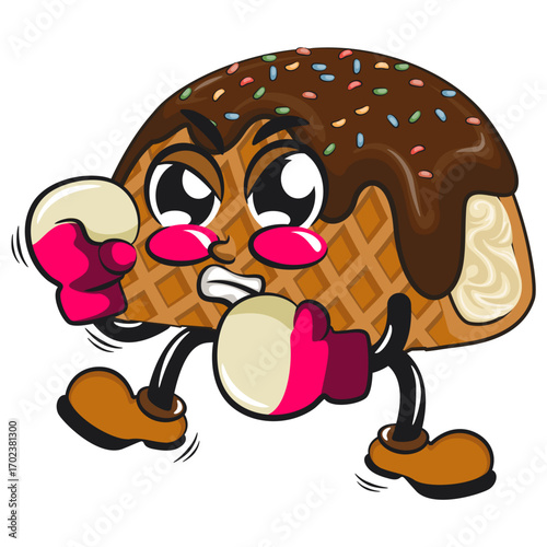 cute choco taco ice cream mascot character vector illustration practicing boxing wearing boxing glove, work of hand drawn