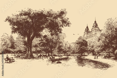 Central Park, New York illustration in a vintage style. This vector illustration can be used in any size you like for advertising, logos, and other work.