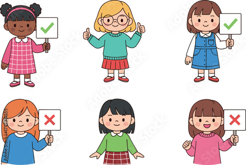 Cartoon children holding signs with checkmarks and crosses, diverse kids characters, correct and wrong symbols, educational vector illustration set
