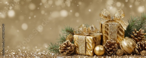 Assorted gold gift boxes with ribbons among baubles and bokeh background. Christmas and New Year concept. Design for shopping ads, advertisement or banner with copy space for text.