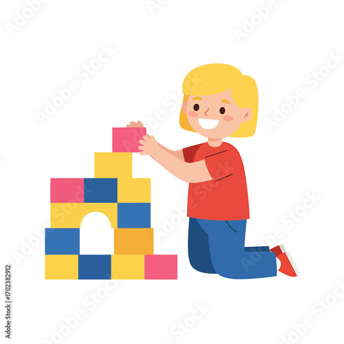 Cute blonde girl kneeling and creating a structure with vibrant building blocks, engaged in educational play