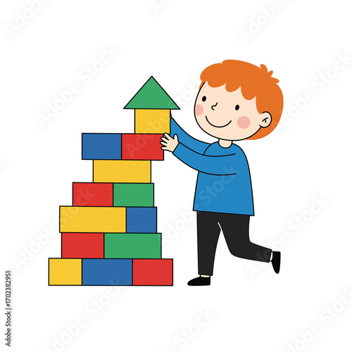 Cute cartoon child constructing a structure from toy blocks, a metaphor for early learning and building a successful future