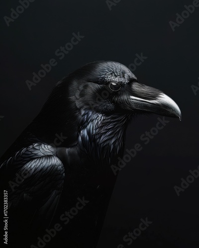 Fine art studio image of a majestic black raven perched in shadow, illuminated softly from one side to emphasize feather detail and form.
