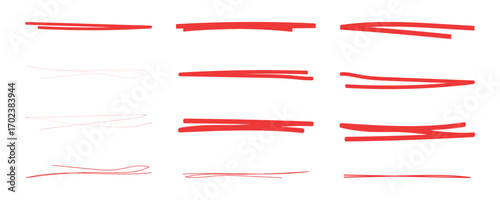 Red marker strokes set. Hand drawn lines for underlining text. Grunge brush paint stripes. Highlight scribble. Correction cross out sign. Vector design element collection isolated.