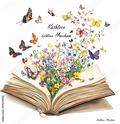An open book with wildflowers and butterflies spilling out