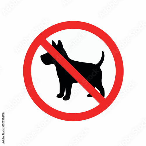 Flat 2D Vector No Dogs/Pets Allowed Prohibition Sign Icon. Red Circle with Diagonal Line & Dog Silhouette. Clean Animal Restriction Graphic Isolated on White Background for Public Areas