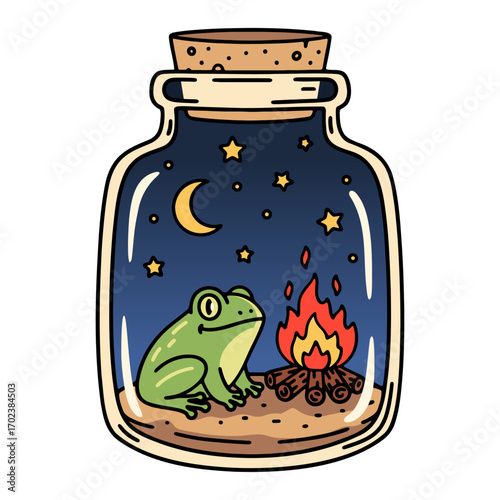 cozy night scene in a jar of a frog sitting by a campfire illustration