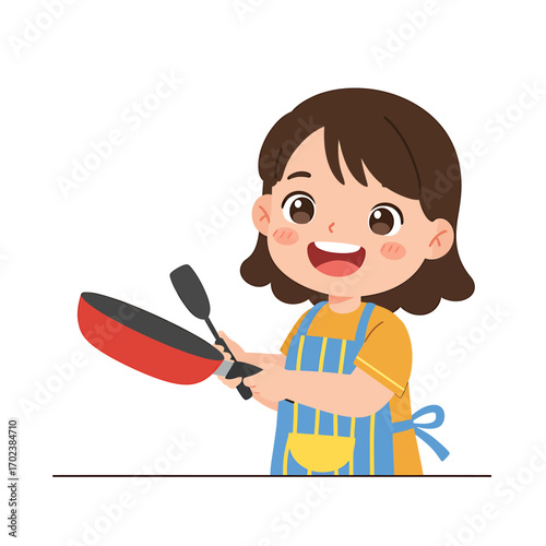Cute little girl in an apron smiling while cooking with a frying pan. Adorable child chef character learning kitchen skills, isolated vector illustration