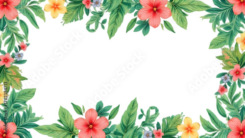 A vibrant floral frame, hand-painted with watercolor, envelops the scene, offering a captivating decorative border for designs. Showcasing a burst of natural beauty, floral design.
