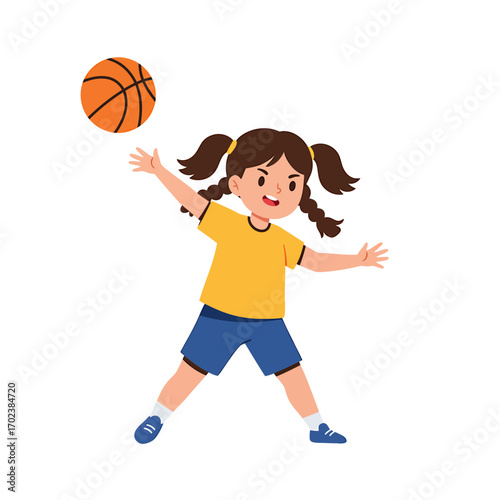 Cute cartoon girl with pigtails actively playing basketball, an energetic character illustration representing childhood sports and healthy lifestyle