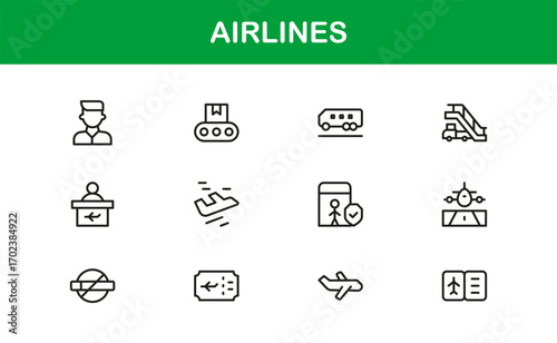 Airlines Travel Aviation Professional Line Icon Set – Modern Minimal Outline Vector Icons for Premium Designs